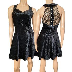 Vintage 80s Black Crushed Velvet Mini Dress XS Party Prom Sleeveless Lace Bows